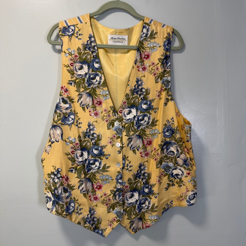 Vintage Marisa Christina Classics Yellow Floral Linen Blend Vest XL Cottagecore